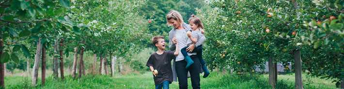Family walking in the orchard at Qui sème récolte